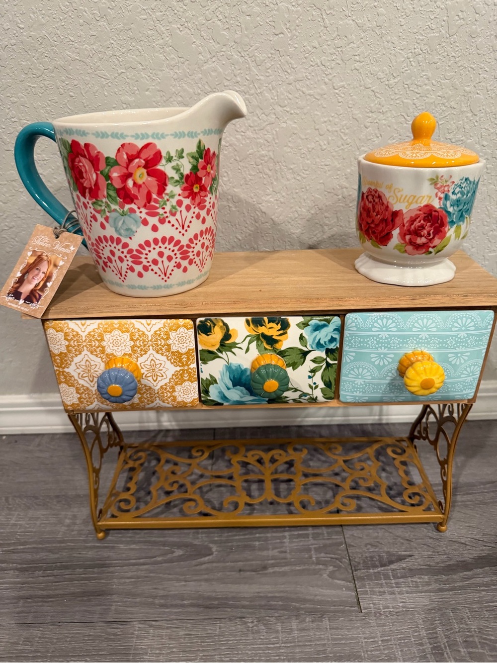 The Pioneer Woman Floral Ceramic Pitcher & Sugar Jar Set in Teal, Red, Yellow